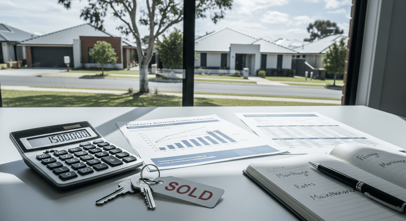 Calculator, house keys and financial documents on a desk representing property holding costs and investment budgeting in Australia
