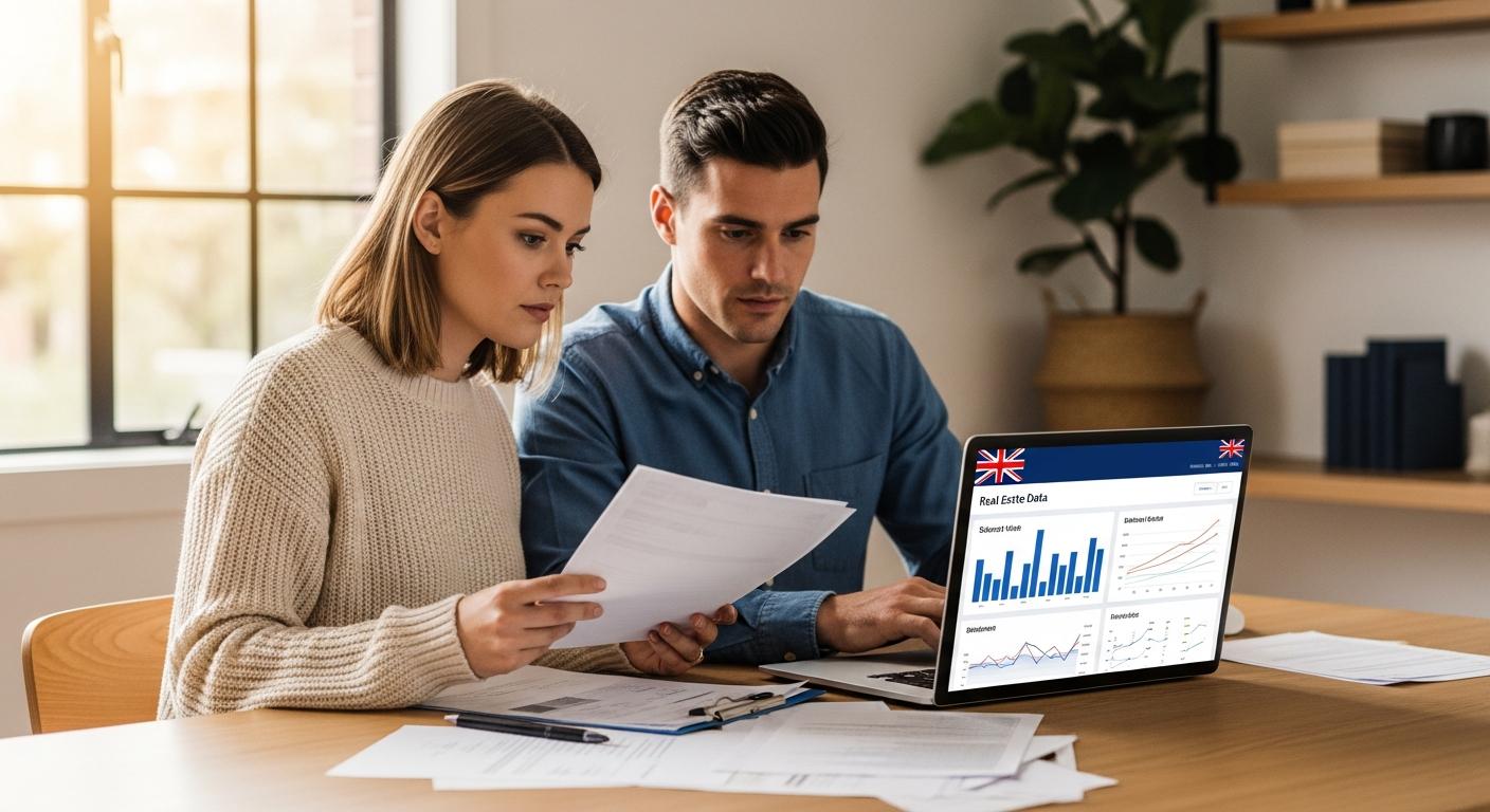 Young Australian couple reviewing property investment data and suburb research on laptop