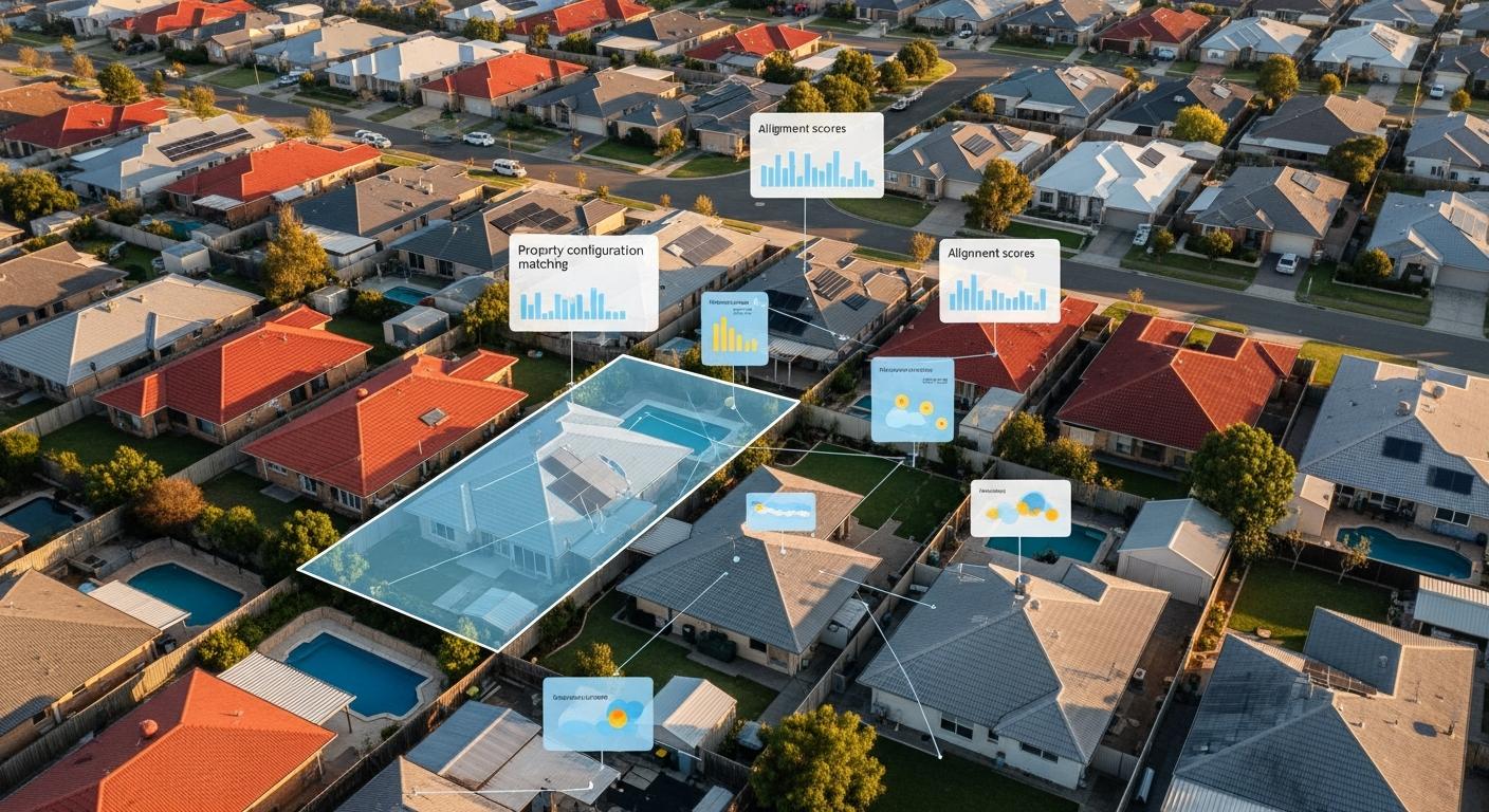 Australian suburban houses viewed from above with data overlay showing property configuration scoring and alignment analysis